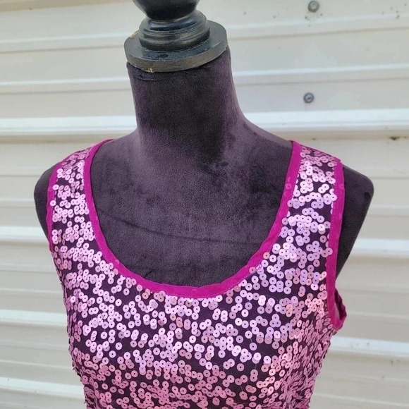 Living Doll Fushia Purple Pink Sequin Sheer Tank Top Zipper Back Soft Shiny sz L - Picture 8 of 10
